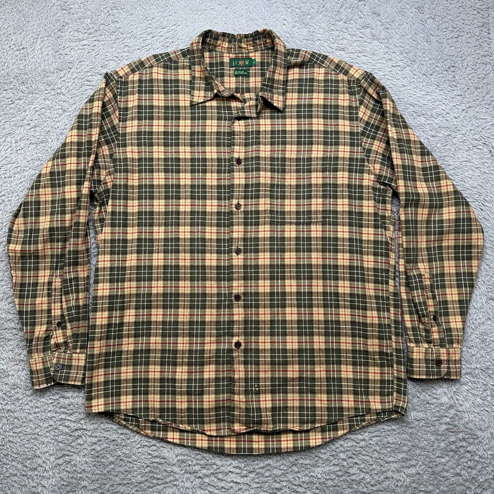 Vintage J Crew Oarsman Flannel Shirt Mens L Green Gold Long Sleeve Button